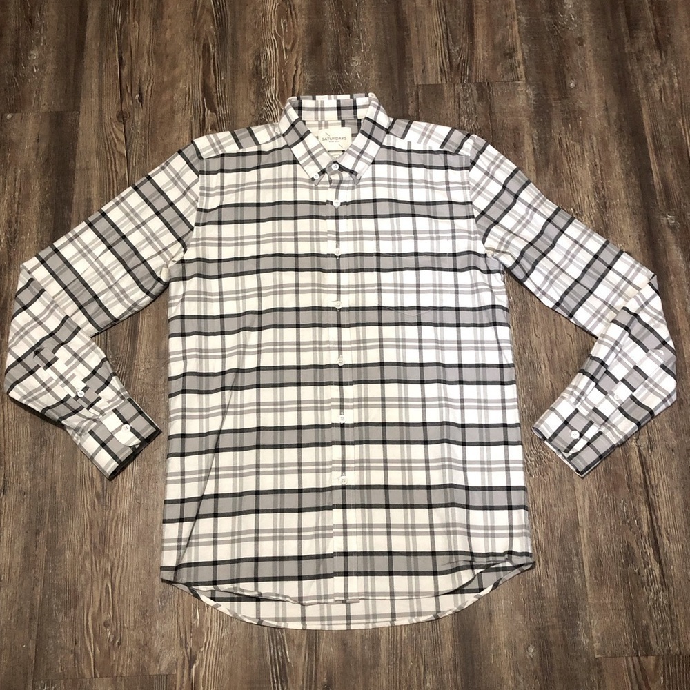 Saturdays Surf NYC Shirt Men's Medium Button Down Plaid Business Casual Black